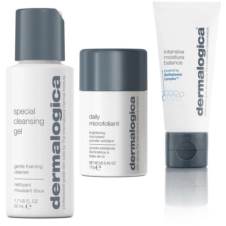 Dermalogica Discover Healthy Skin Kit 3 kpl ihonhoitosetti sisältää valkoisen puhdistusgeelin, kuorinnan ja voiteen.