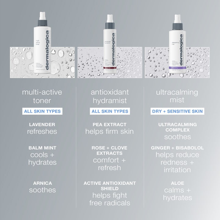 Dermalogica Multi-Active Toner 250 ml kosteuttava kasvosuihke kädessä sitruunan ja kurkun ympäröimänä.