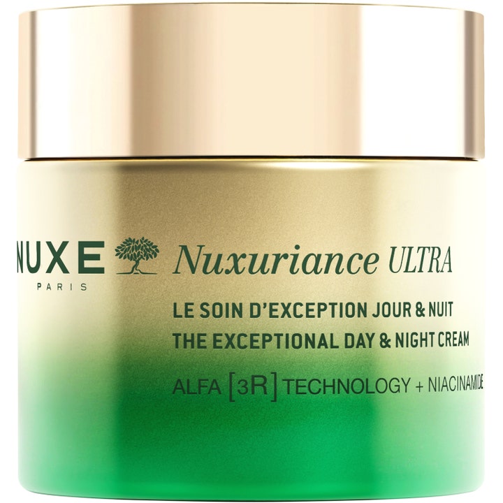 Nuxe Nuxuriance Ultra Day & Night Cream niasiiniamidia sisältävä anti-age kasvovoide vihreässä ja kultaisessa purkissa.