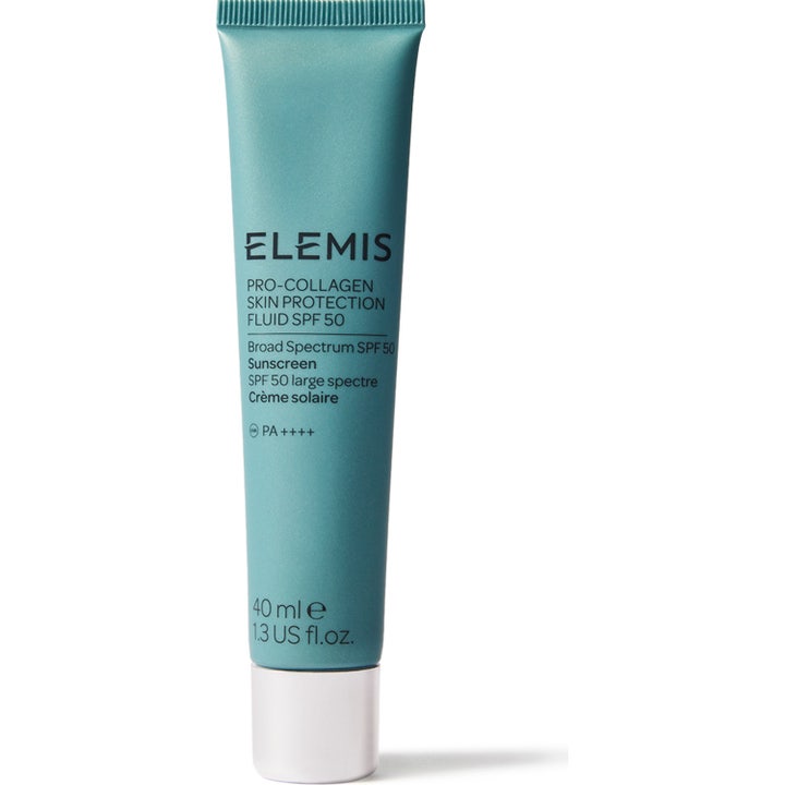 Elemis Pro-Collagen Skin Protection Fluid SPF 50 40 ml suojaava aurinkovoide turkoosissa tuubissa valkoisella korkilla.
