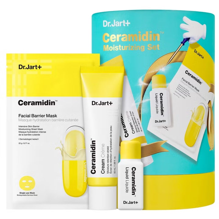 Dr. Jart+ Ceramidin Moisturizing Set kosteuttava ihonhoitosetti kelta-valkoisissa pakkauksissa turkoosin rasian edessä.