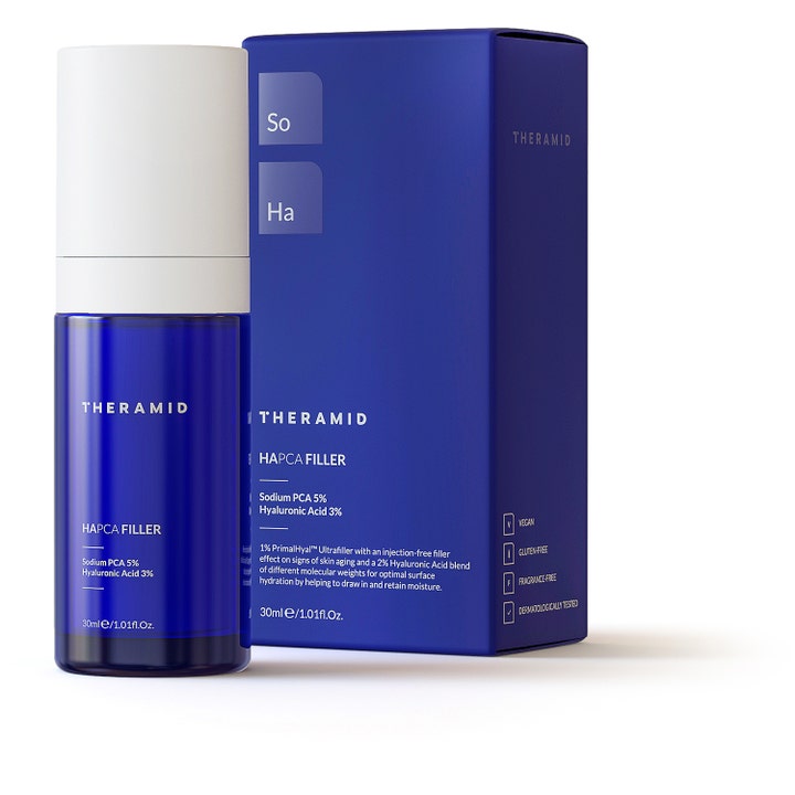 Niche Beauty Lab Theramid Hapca Filler 30 ml kosteuttava seerumi sinisessä pullossa valkoisella korkilla ja pakkauksessa