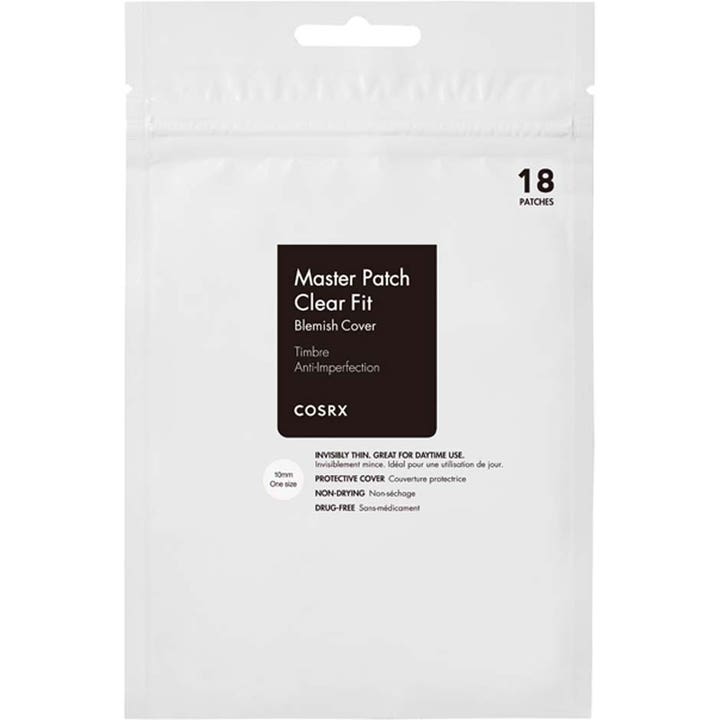 COSRX Master Patch Clear Fit 18 kpl huomaamaton finniplaastari valkoisessa pussissa mustalla neliömäisellä etiketillä