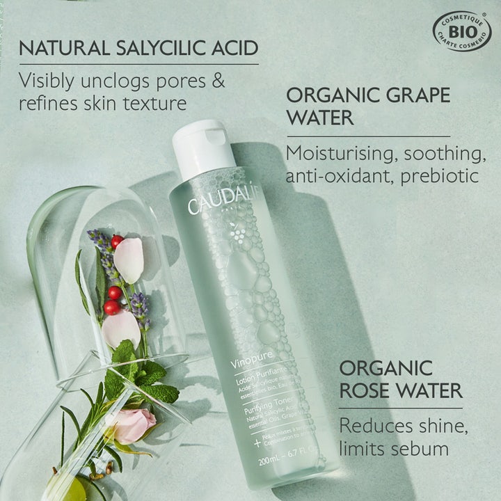 Caudalie Vinopure Purifying Toner 200 ml puhdistava kasvovesi vihreässä pullossa sisältää salisyylihappoa.