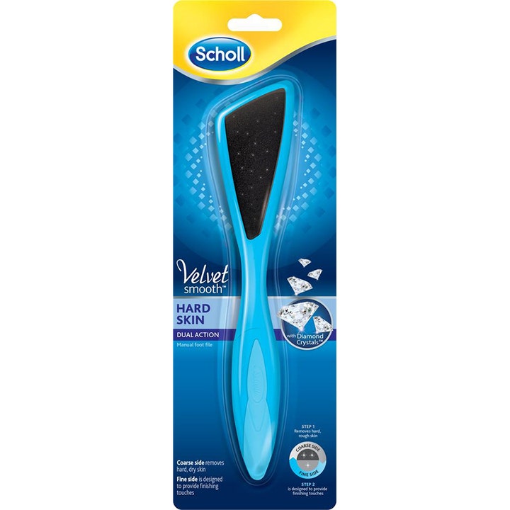 Scholl Velvet Smooth Hard Skin Dual Action 1 kpl jalkaraspi poistaa kovettumia ja siinä on sininen varsi ja musta hiontapinta.