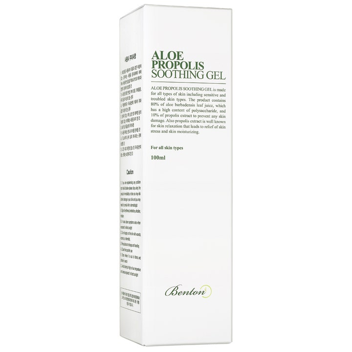 Benton Aloe Propolis Soothing Gel 100 ml rauhoittava kasvogeeli valkoisessa pahvipakkauksessa vihreällä tekstillä.