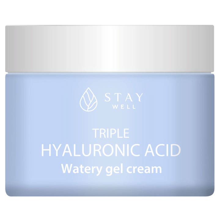 Stay Well Triple Hyaluronic Acid Watery Gel Cream 50 ml kosteuttava kasvovoide vaaleansinisessä purkissa.