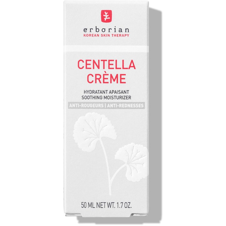Erborian Centella Creme 50 ml rauhoittava kasvovoide valkoisessa pahvipakkauksessa vähentää punoitusta.
