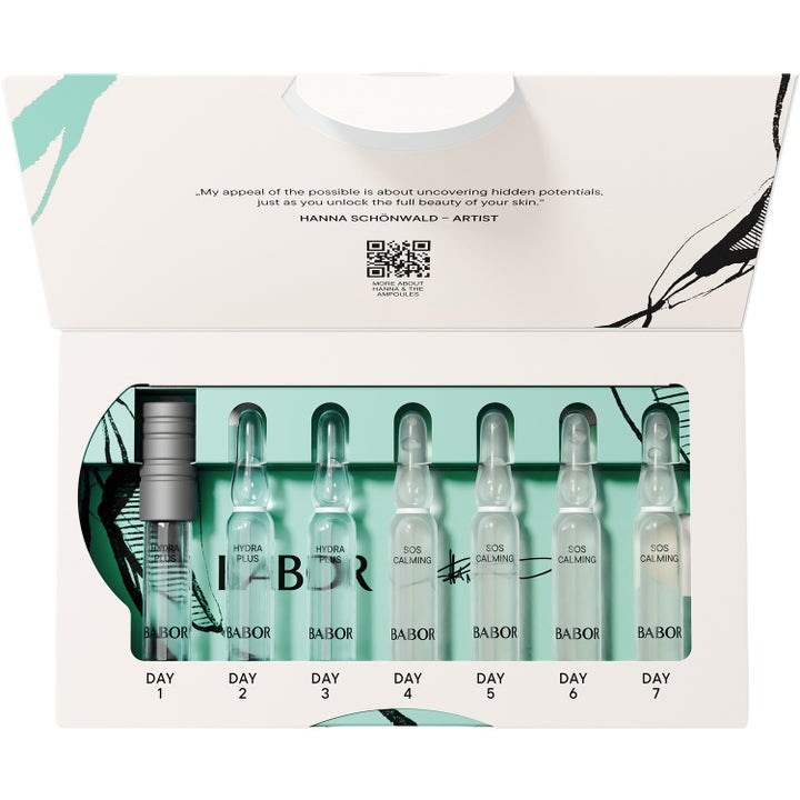 Babor Hydra Sensitive 14 ml seerumi seitsemän Hydra Plus ja SOS Calming lasiampullia taidepakkauksessa