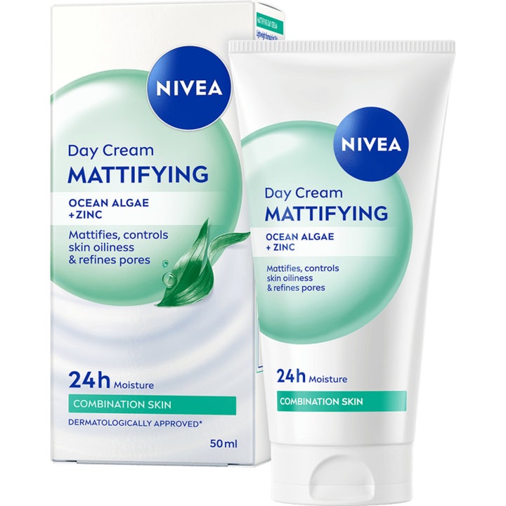 Nivea Mattifying Day Cream 50 ml mattaava päivävoide vähentää ihon kiiltoa valkoisessa tuubissa ja pakkauksessa.
