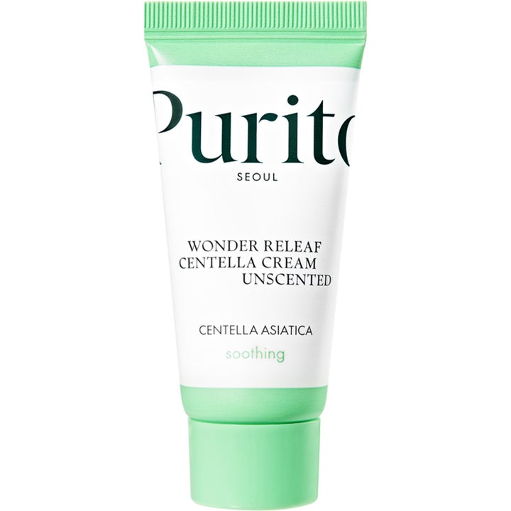 Purito Seoul Wonder Releaf Centella Cream Unscented rauhoittava kasvovoide valkoisessa tuubissa vihreällä korkilla.