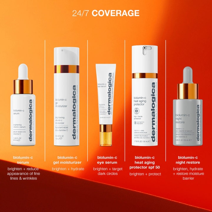 Dermalogica Biolumin-C Heat Aging Protector SPF50 50 ml kirkastava päivävoide valkoisessa kultaisessa pumppupullossa.