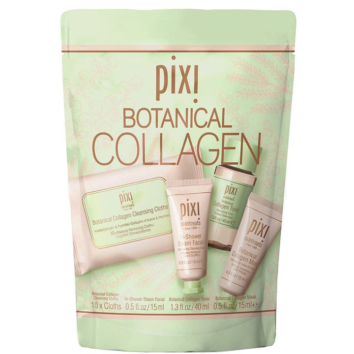 Pixi Botanical Collagen ihonhoitosetti kiinteyttää ihoa sisältäen neljä tuotetta vaaleanvihreässä pussipakkauksessa.