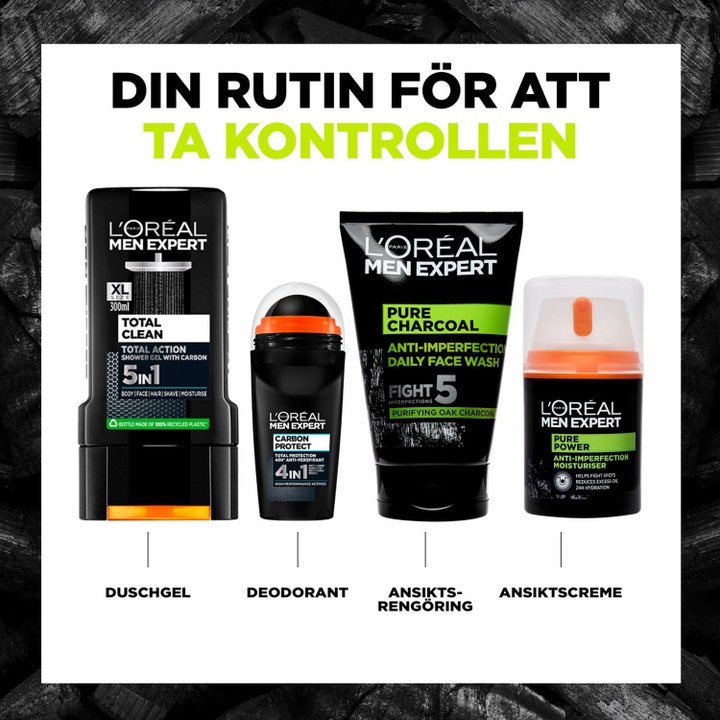 L’Oréal Paris Men Expert Pure Charcoal 100 ml kasvopesu osana neljän tuotteen ihonhoitorutiinia.