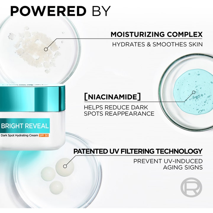 L'Oréal Paris Bright Reveal 50 ml päivävoide sisältää niasiiniamidia, joka vähentää pigmenttiläiskiä.