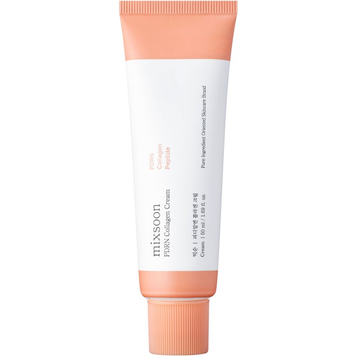 mixsoon PDRN Collagen Cream 50 ml kiinteyttävä kasvovoide valkoisessa tuubissa jossa on persikanvärinen korkki