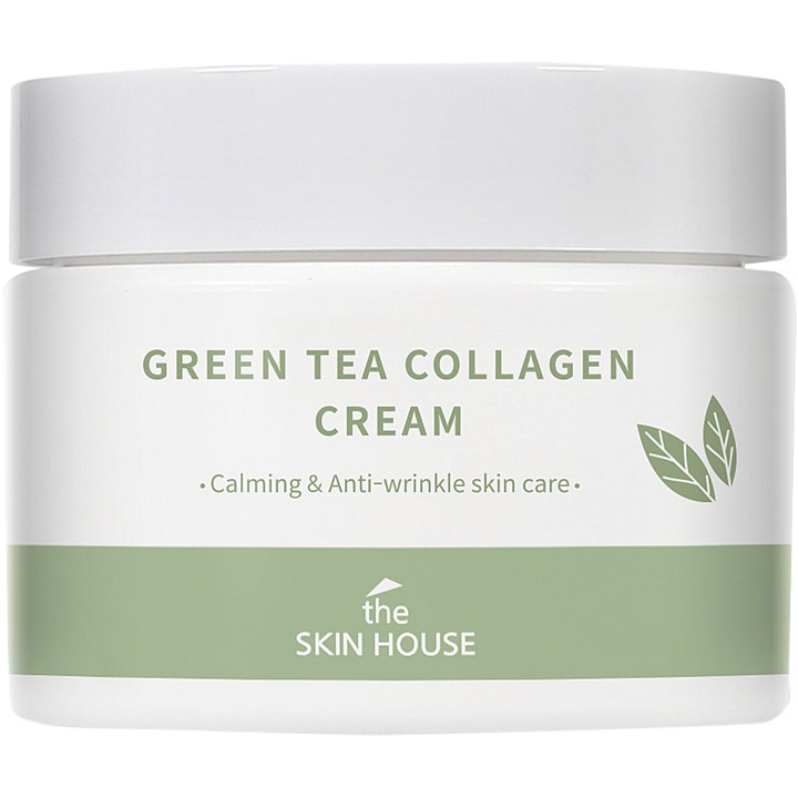 The Skin House Green Tea Collagen Cream rauhoittava kasvovoide valkoisessa purkissa vihreillä yksityiskohdilla.