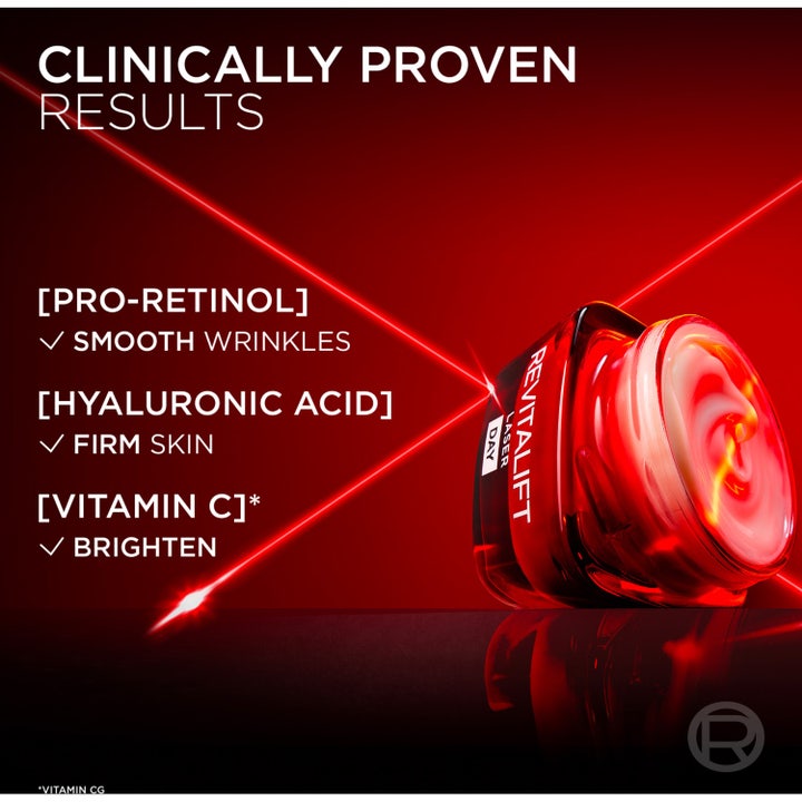 L'Oréal Paris Revitalift Laser Day 50 ml anti-age-päivävoide harmaassa pahvipakkauksessa.