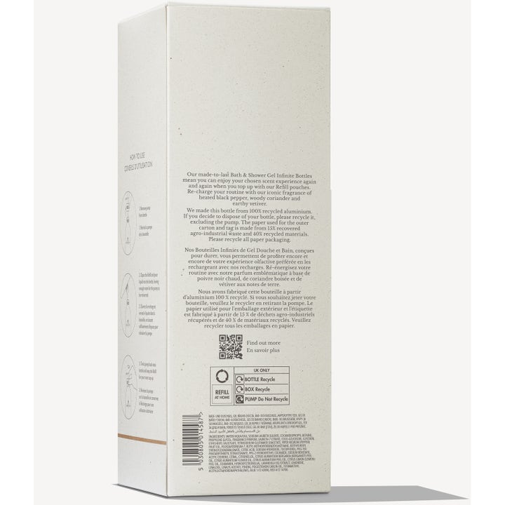 Molton Brown Re-charge Black Pepper 400 ml virkistävä suihkugeeli valkoisessa pahvipakkauksessa, jossa on kierrätysohjeet