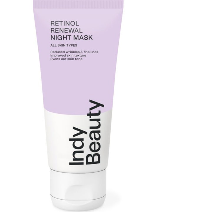 Indy Beauty Retinol Renewal Night Mask silottava yönaamio retinolilla vaaleanvioletissa ja valkoisessa tuubissa.