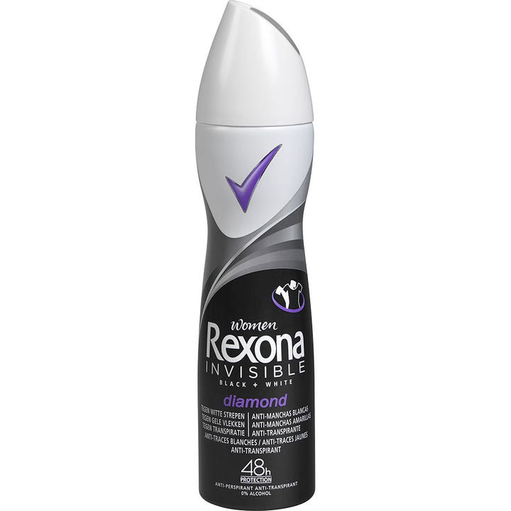 Rexona Invisible Black + White Diamond 150 ml antiperspirantti ehkäisee tahroja mustassa suihkepullossa.