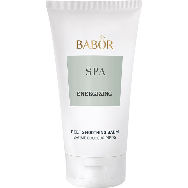 Babor SPA Energizing Feet Smoothing Balm pehmentävä jalkavoide valkoisessa tuubissa vihreällä yksityiskohdalla