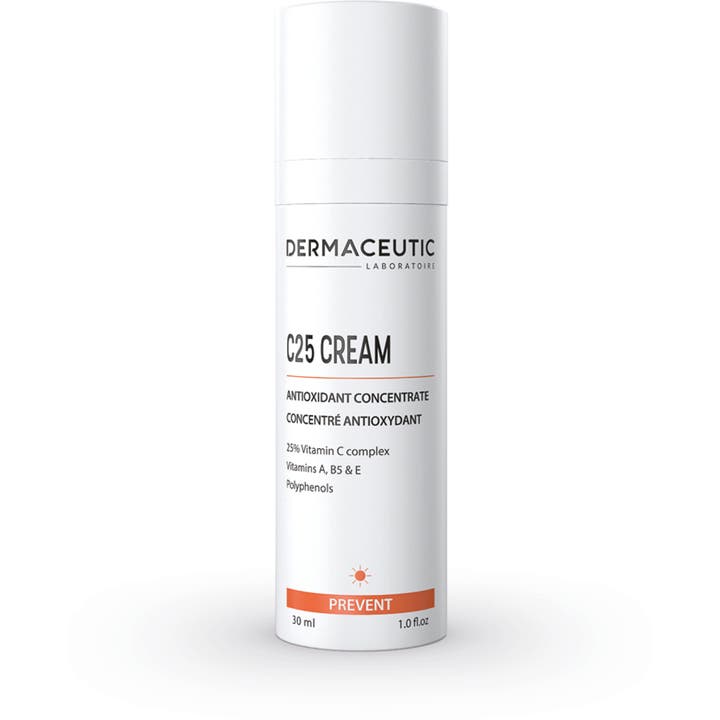 Dermaceutic C25 Cream 30 ml antioksidanttivoide valkoisessa pumppupullossa joka suojaa ja kirkastaa ihoa.