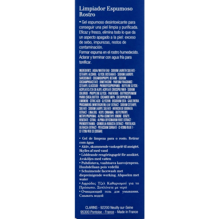 Clarins Men Active Face Wash 125 ml puhdistava kasvojenpesuaine tummansinisessä pakkauksessa ainesosaluettelolla