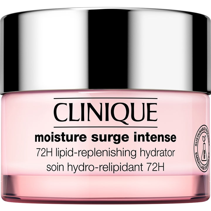 Clinique Moisture Surge Intense 72H syväkosteuttava kasvovoide vaaleanpunaisessa purkissa hopeisella korkilla.