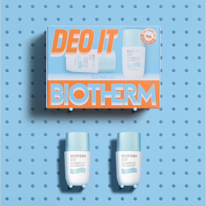 Biotherm Duo Deo Pure Set 150 ml raikastava roll-on deodorantti oranssissa pakkauksessa vaaleansinisellä taustalla.