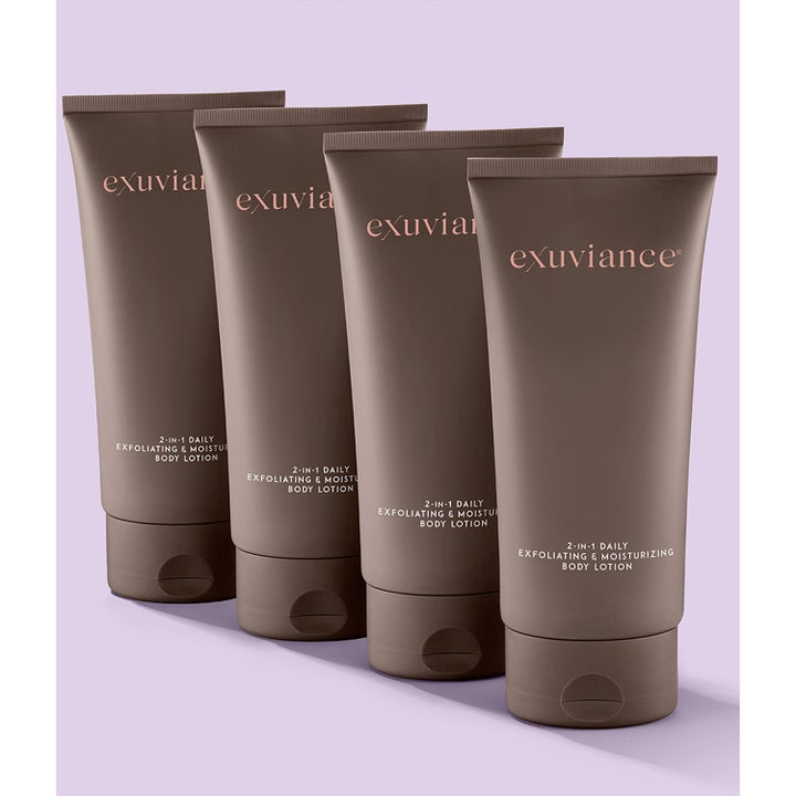 Exuviance 2 in 1 Daily Exfoliating & Moisturizing Body Lotion 177 ml neljä ruskeaa tuubia rivissä