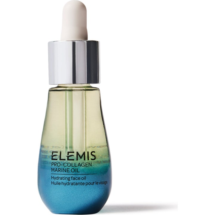 Elemis Pro-Collagen Marine Oil 15 ml kosteuttava kasvoöljy hopeisella pipetillä ja sinisellä liukuvärillä