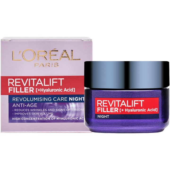 L'Oréal Paris Revitalift Filler 50 ml silottava anti-age yövoide purppurassa lasipurkissa ja lila pakkaus