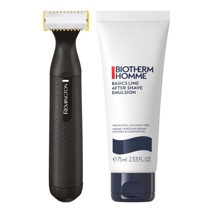 Biotherm Homme Basics Line After Shave Emulsion 75 ml rauhoittava voide ja musta Remington-trimmeri.