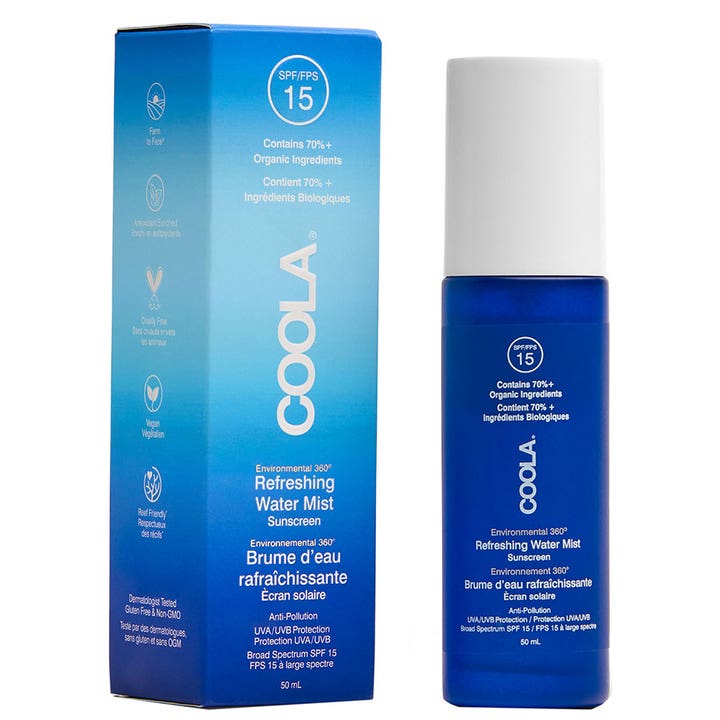 Coola Refreshing Water Mist 50 ml virkistävä aurinkosuojasuihke SPF 15 sinisessä pullossa ja pakkauksessa