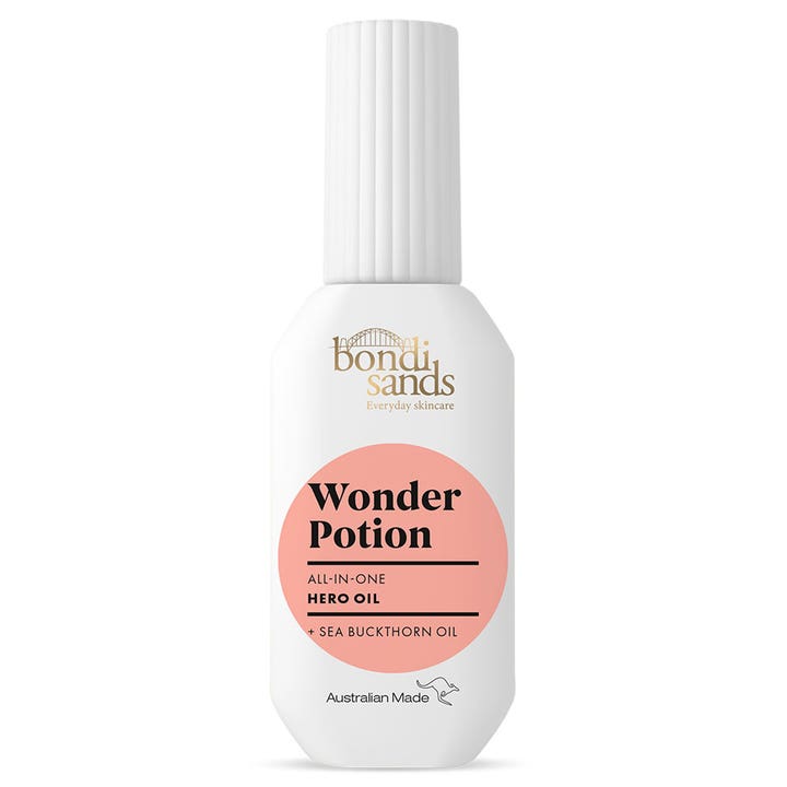 Bondi Sands Wonder Potion Hero Oil ravitseva kasvoöljy valkoisessa pullossa jossa on tyrniöljyä ja vaaleanpunainen etiketti.