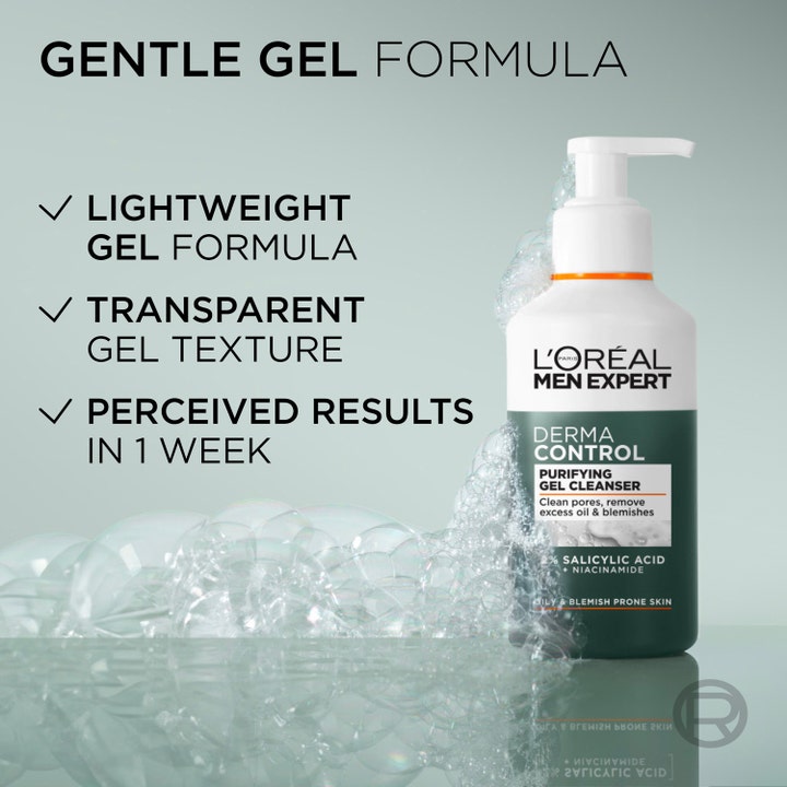 L'Oréal Paris Men Expert Derma Control 260 ml puhdistusgeeli puhdistaa ihohuokoset. Valkoinen pumppupullo vaahdon keskellä.