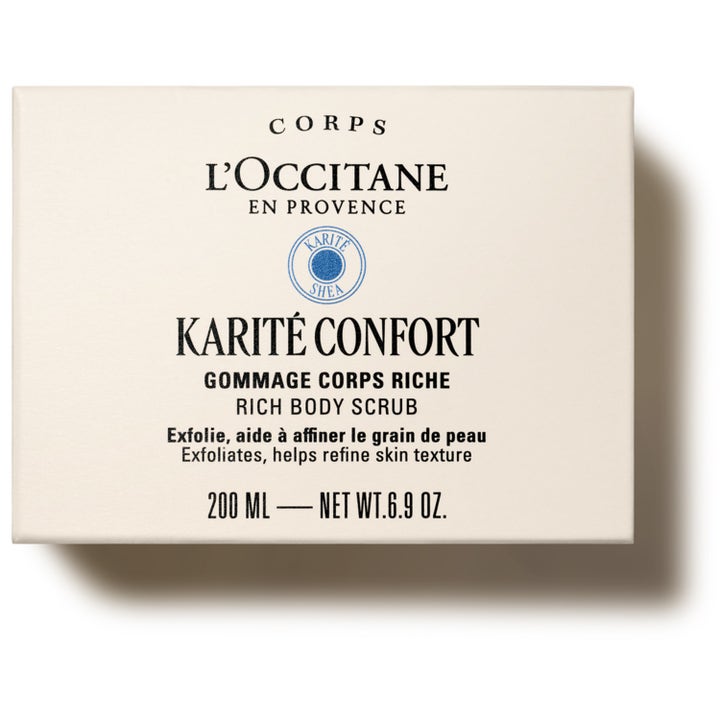L'Occitane Shea Butter Rich Body Scrub 200 ml kuorintavoide tyylikkäässä vaaleassa ulkopakkauksessa.
