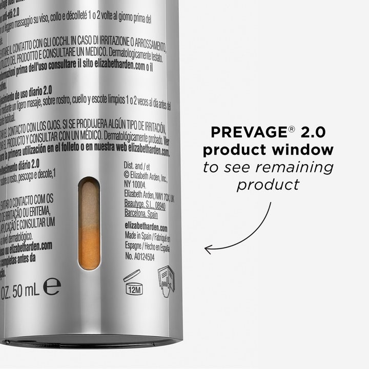 Elizabeth Arden Prevage Anti-aging Daily Serum 2.0 50 ml anti-age-seerumi hopeisessa pullossa ikkunalla määrän seuraamiseen