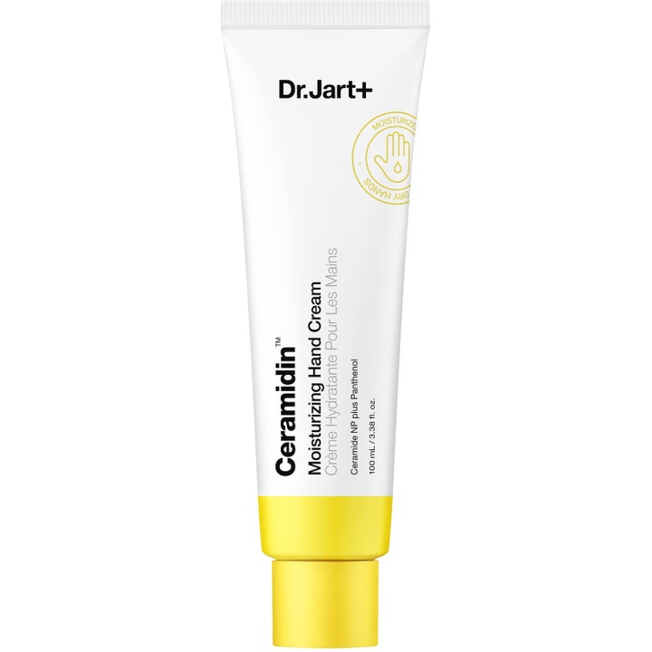 Dr. Jart+ Ceramidin Moisturizing Hand Cream 100 ml kosteuttaa kuivia käsiä valkoisessa tuubissa keltaisella korkilla.