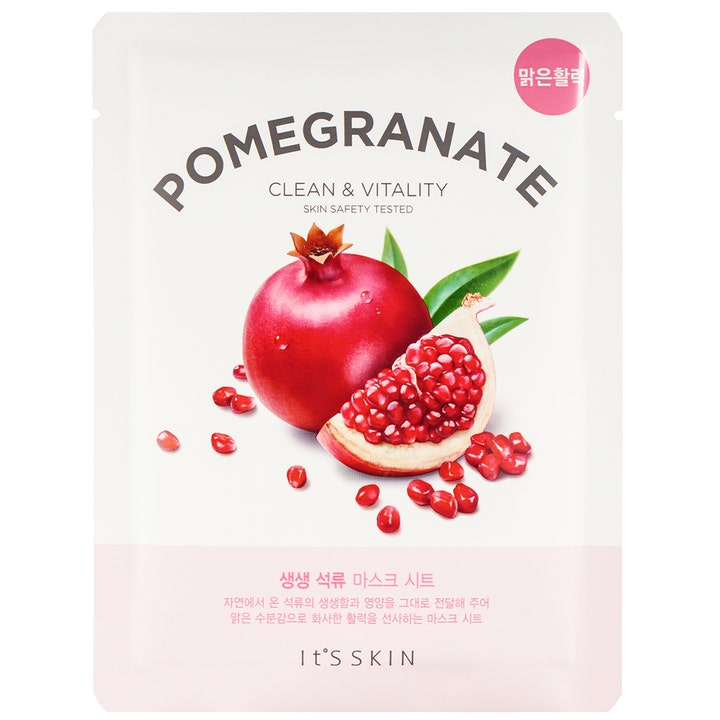 It'S SKIN Pomegranate Clean & Vitality 21 g kangasnaamio kirkastaa ihoa valkoisessa pakkauksessa, jossa on granaattiomenan kuva.