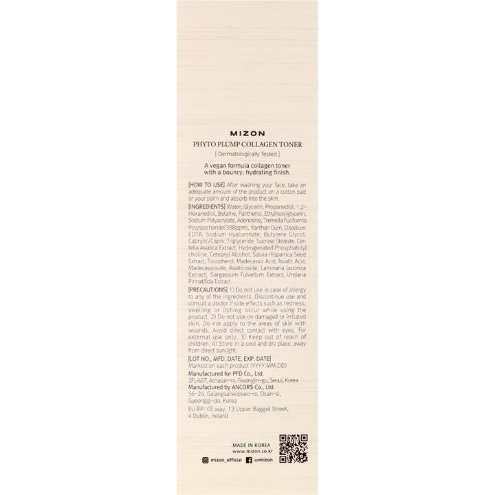 Mizon Phyto Plump Collagen Toner 150 ml vegaaninen kasvovesi näyttää pakkauksen takaosan ainesosat ja ohjeet.