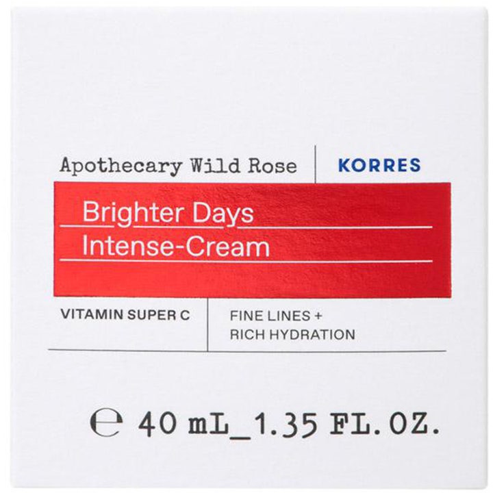 Korres Apothecary Wild Rose Brighter Days Intense-Cream 40 ml kirkastava C-vitamiinivoide valkoisessa pahvipakkauksessa.
