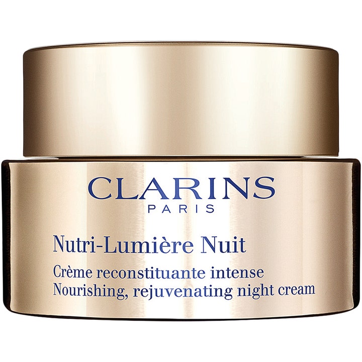 Clarins Nutri-Lumière Nuit 50 ml ravitseva ja uudistava yövoide tyylikkäässä kultaisessa purkissa.