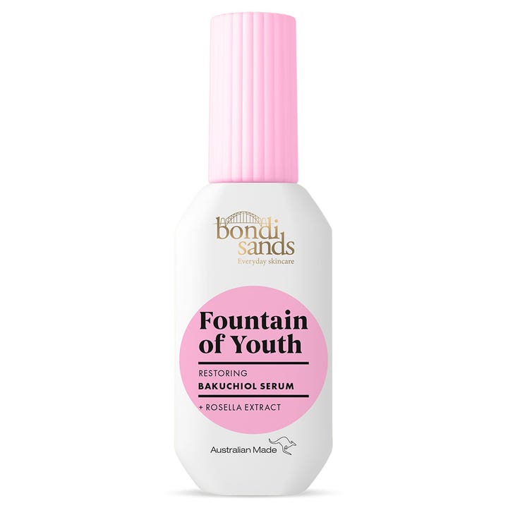 Bondi Sands Fountain of Youth Bakuchiol Serum elvyttävä kasvoseerumi valkoisessa pullossa vaaleanpunaisella korkilla.