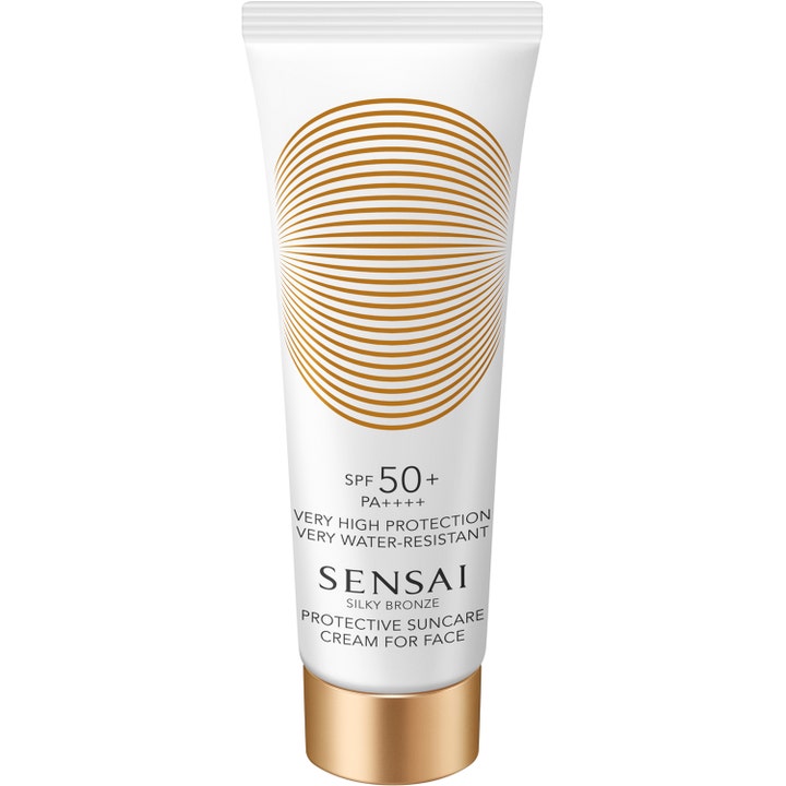 Sensai Silky Bronze Protective Suncare Cream For Face SPF 50+ aurinkovoide valkoisessa tuubissa kultaisella korkilla.