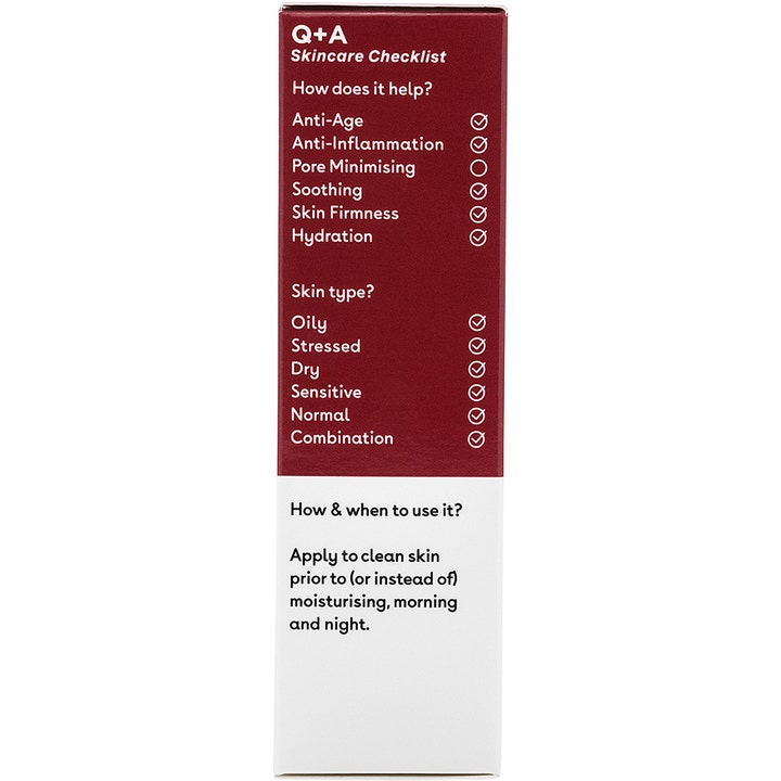 Q+A Hyaluronic Acid Facial Serum 30 ml kosteuttava seerumi pakkauksen sivu jossa on Skincare Checklist ja käyttöohje