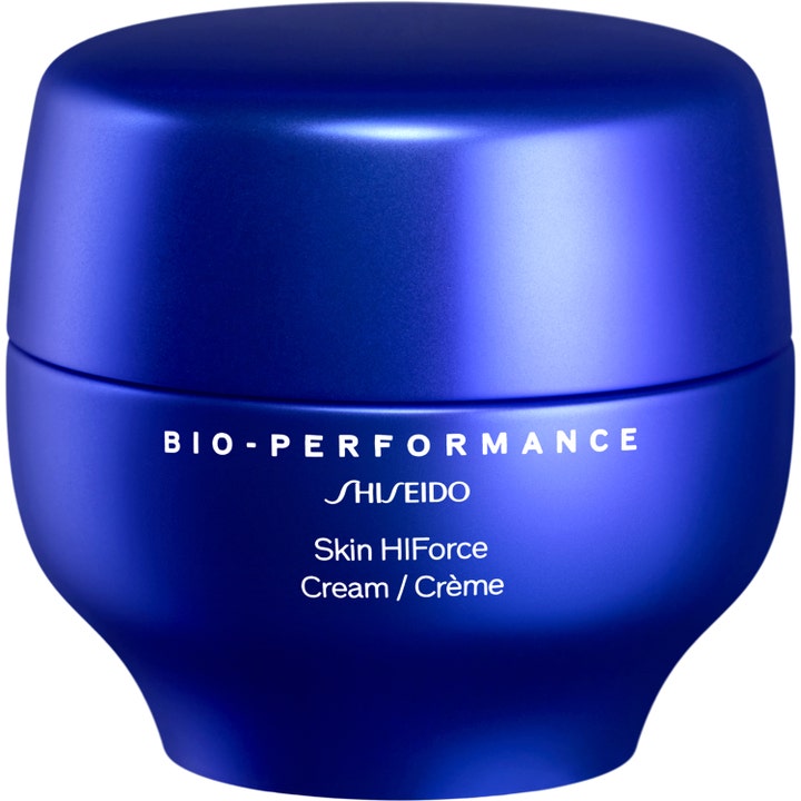 Shiseido Bio-Performance Skin HiForce Cream 50 ml uudistava kasvovoide pyöreässä ja metallinhohtoisessa sinisessä purkissa.
