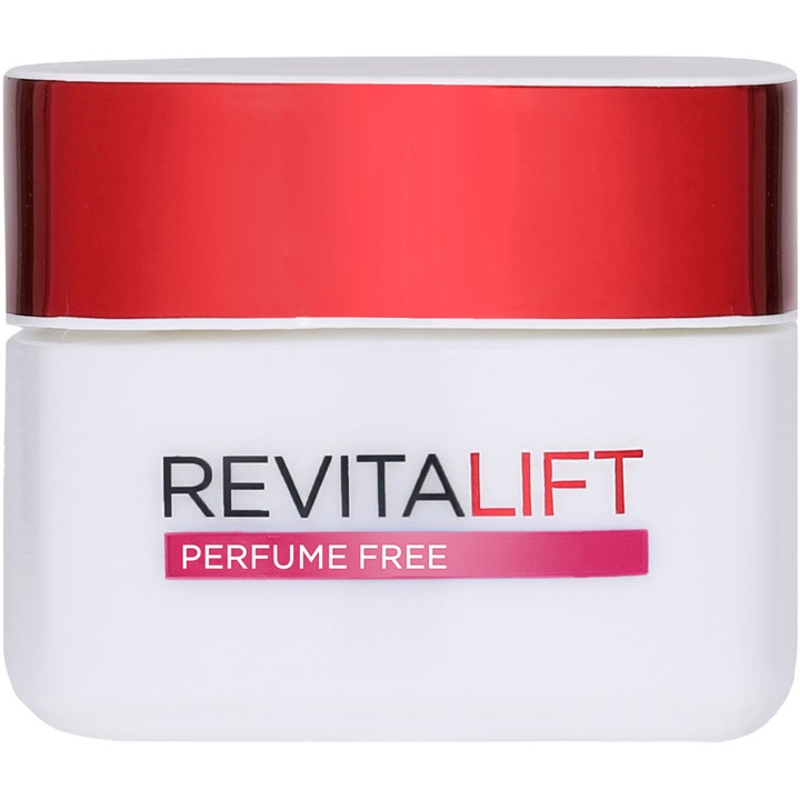 L'Oréal Paris Revitalift Perfume Free kiinteyttävä hajusteeton kasvovoide valkoisessa purkissa, jossa on punainen kansi.
