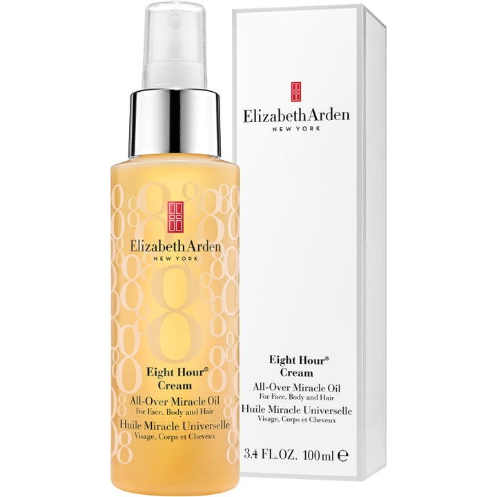 Elizabeth Arden Eight Hour All-Over Miracle Oil 100 ml hoitava vartaloöljy suihkepullossa ja valkoisessa rasiassa.